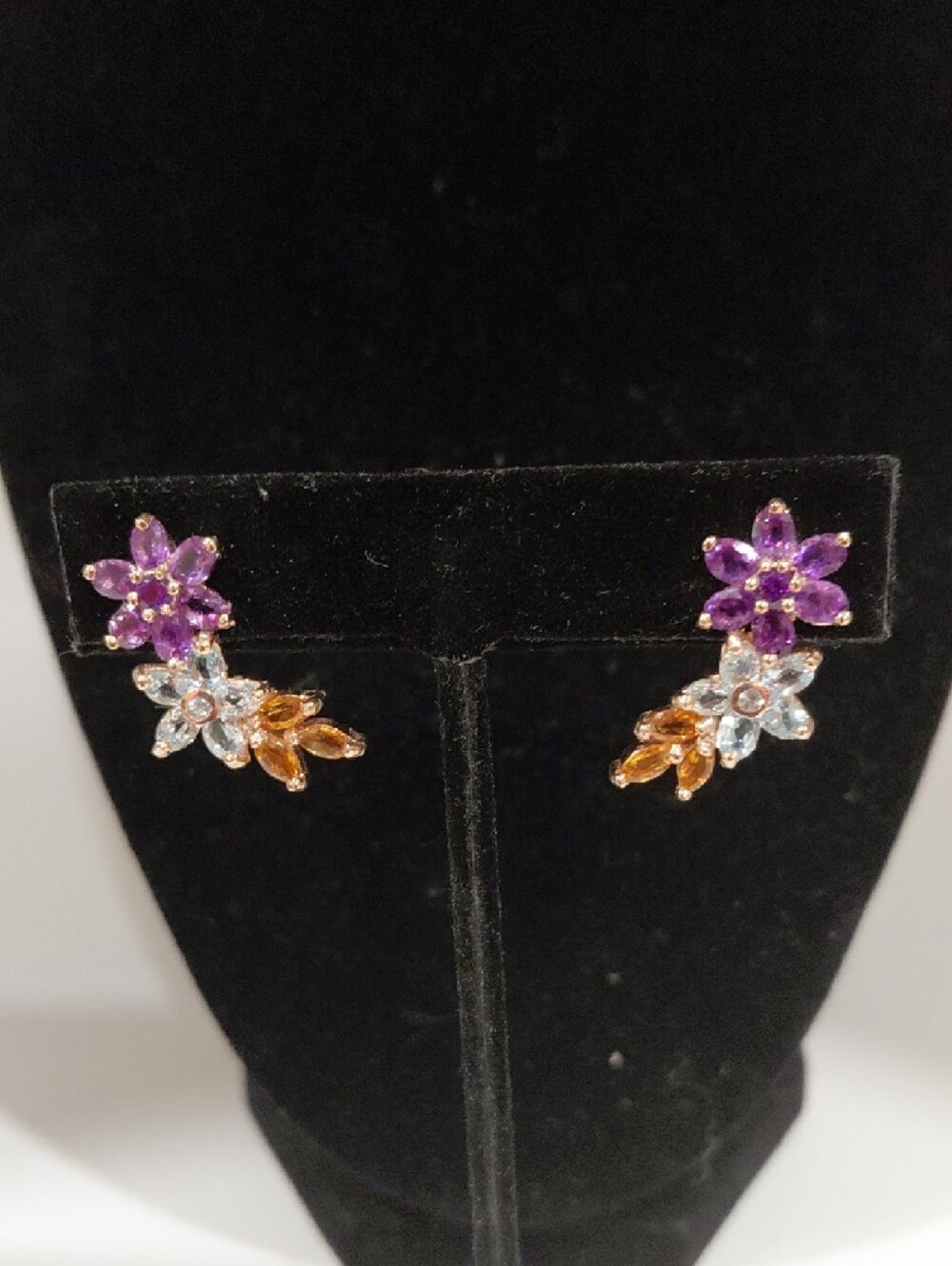 Floral Multi-Gem Cluster Climbing Post Earrings -Amethyst, Blue Topaz & Citrine. - Picture 2 of 6